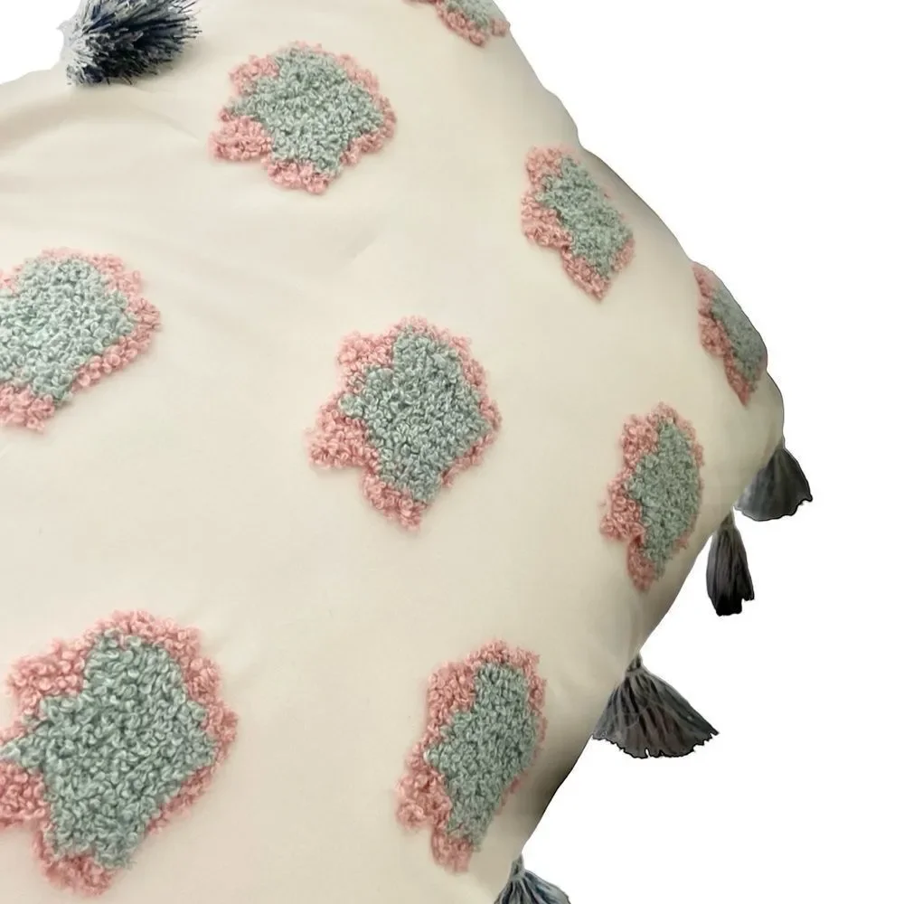 Small Decorative Rectangle Throw Pillow with Clouds and Pompoms